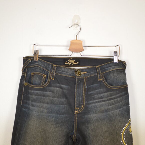 Baby Phat Womens 14 Straight Leg Blue 5 Pocket Gold Logo Cat Blue Denim Jeans - Picture 3 of 8